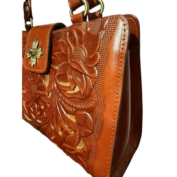 Patricia Nash Rosina Tooled Leather Satchel Tan Brown - Picture 4 of 16